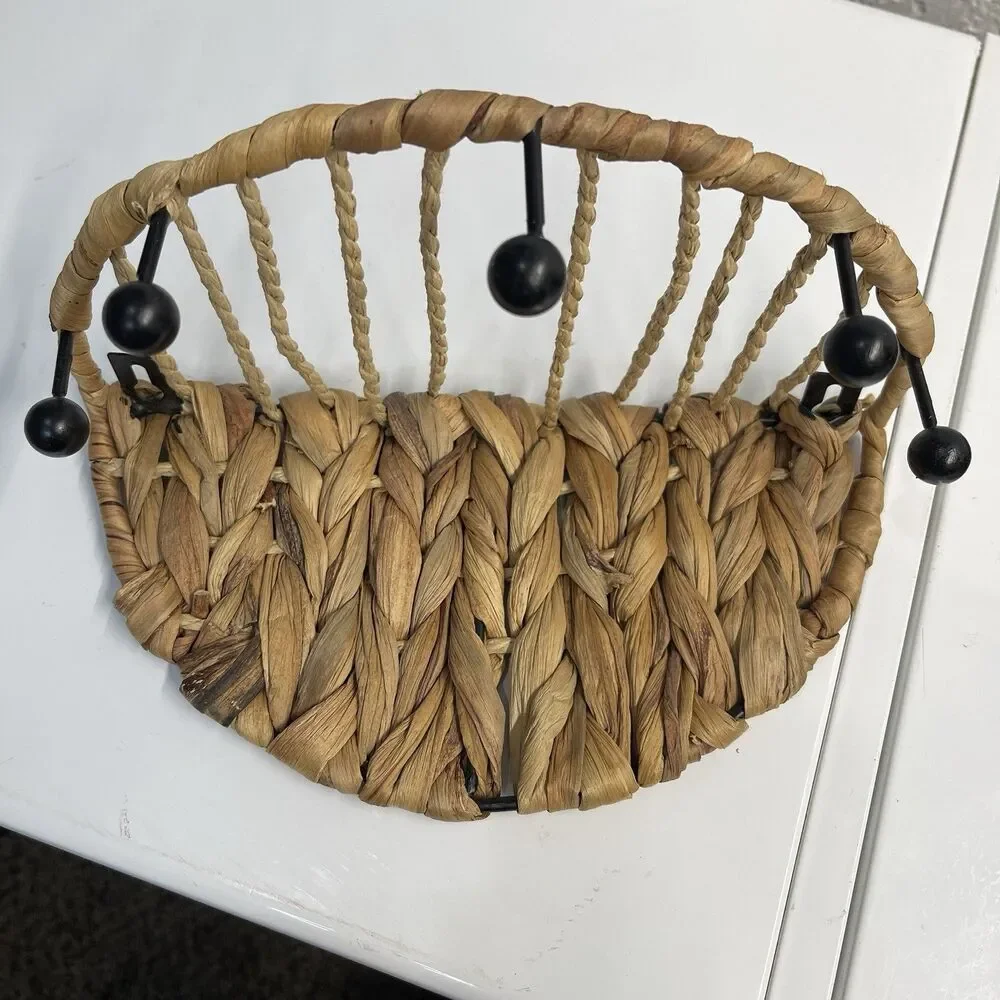 Woven Natural Water Hyacinth & Metal Wall Shelf w/ 5 Pegs, Used